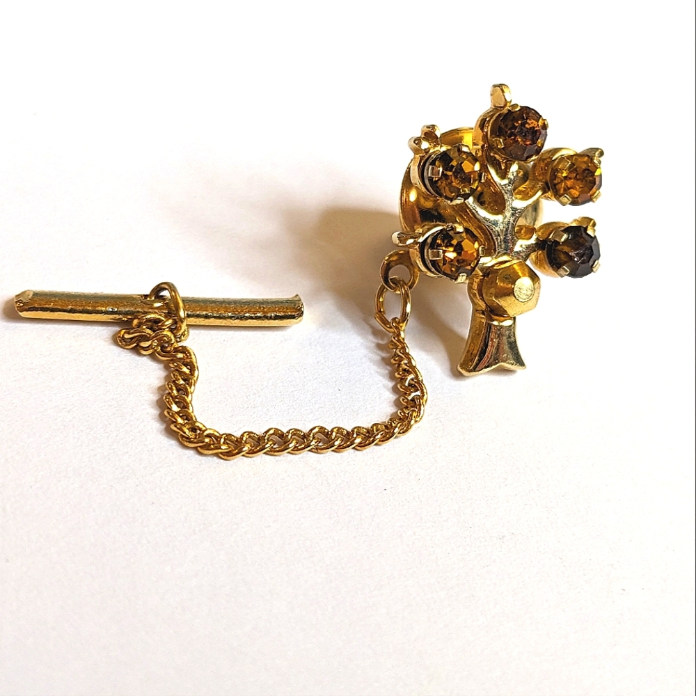 Vintage Anson Tree of Life Tie Tack with Amber Rhinestones Gold‎ Tone Chain Bar